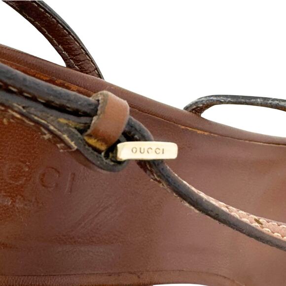 Gucci GG Logo White Gold Cognac Tan Brown Leather Strappy Heels Sandals US 8 - Picture 8 of 10